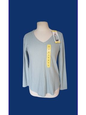 Chaser Light Blue Ribbed V-Neck Long Sleeve Top